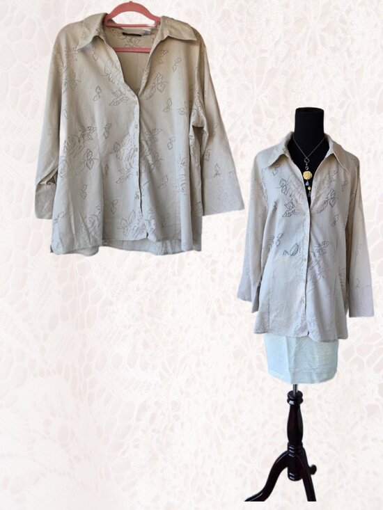 Harve Benard Tops - Harve Benard Oatmeal Linen Blend Rose Blouse Boho Cottage Office Casual Size 2X